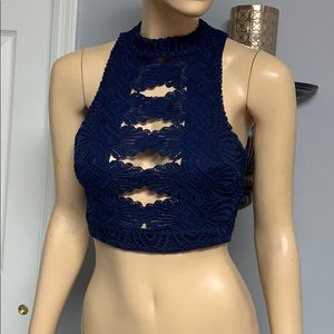 Navy blue lace low cut plunge crop top open back